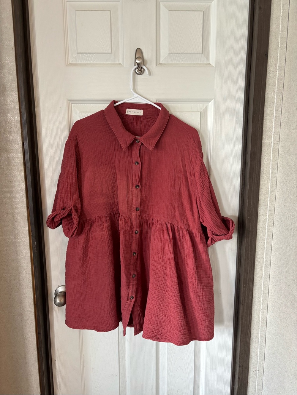 By Together Rust Red Button-Front Peplum Shirt
